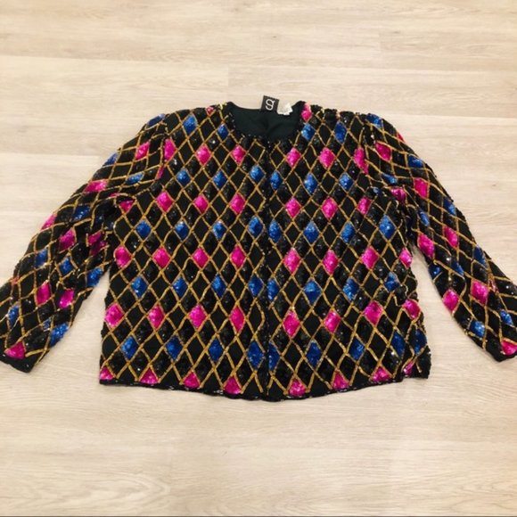 Vintage Jackets & Blazers - Vintage Sequinned/Beaded Silk Blazer Jacket Sz XL